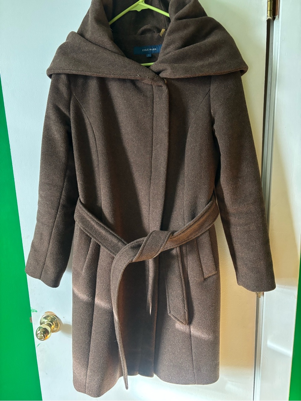 Cole Haan Chocolate Brown Wool-Blend Belted Trench Coat